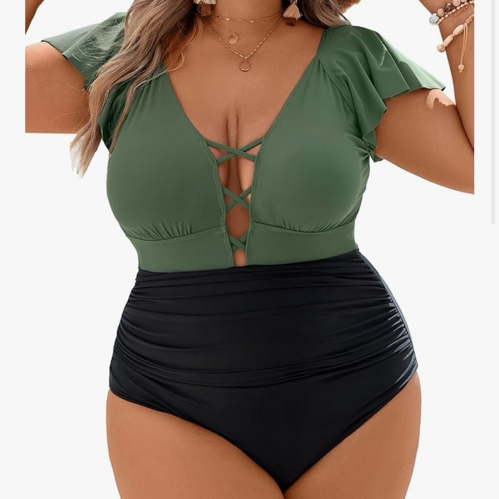 Elegant Green and Black One-Piece Swimsuit